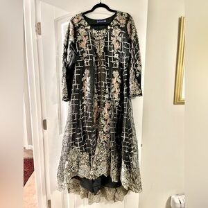Slate Gray and silver Embroidered Formal Gown with Dupatta & pants
